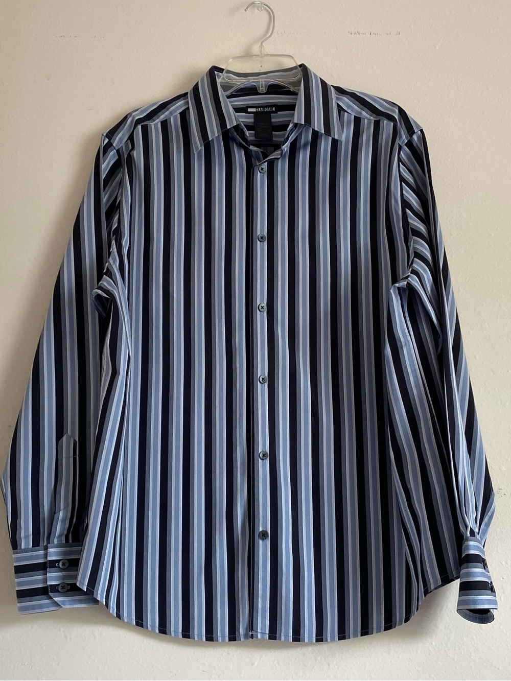 Claiborne Men's Vertical Stripe Dress Shirt in Navy and Light Blue
